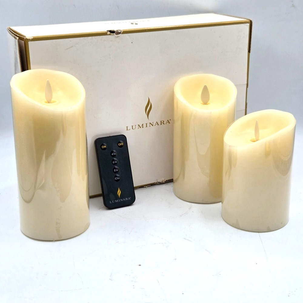 Luminara Flameless Wax Pillar LED Candles with Remote Ivory Moving Set of 3